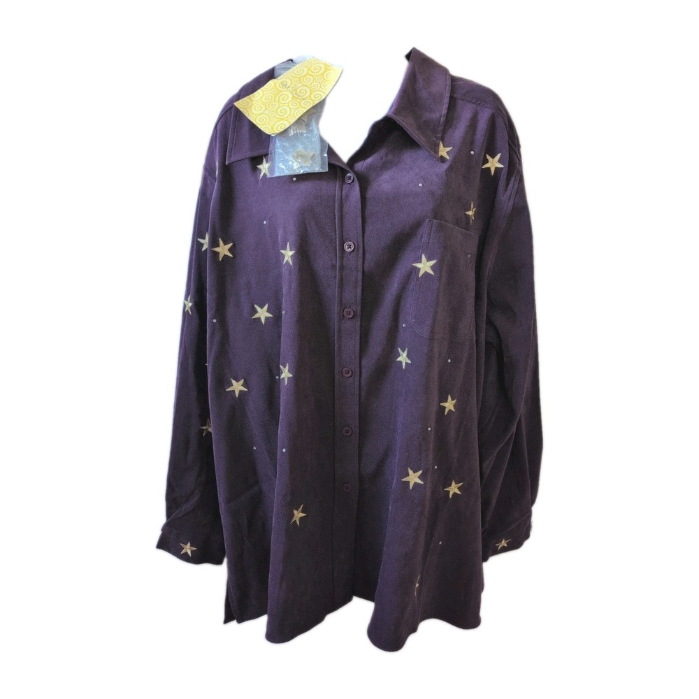 Quacker Factory 3X Purple Velvet Shirt Gold Star Embroidered Button Covers - New
